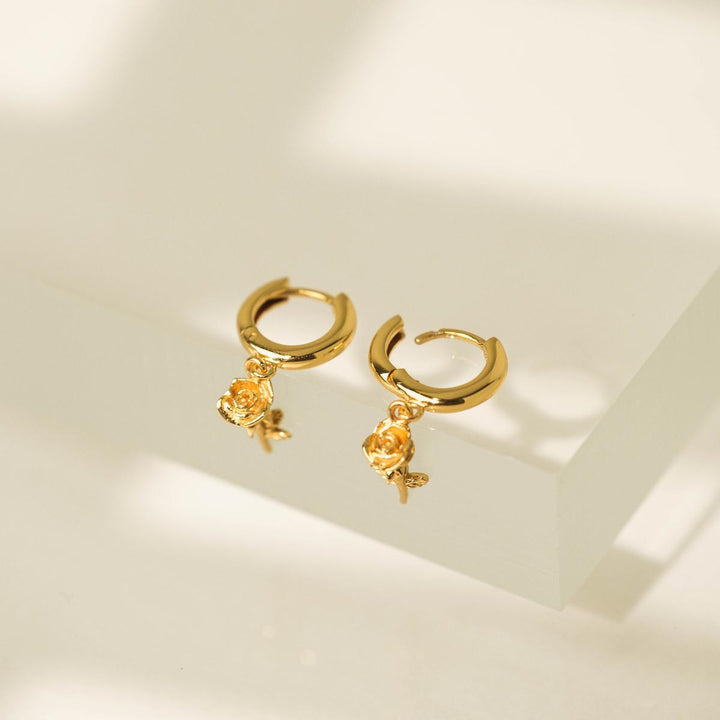Rose Charm Huggie Drop Hoop Earrings