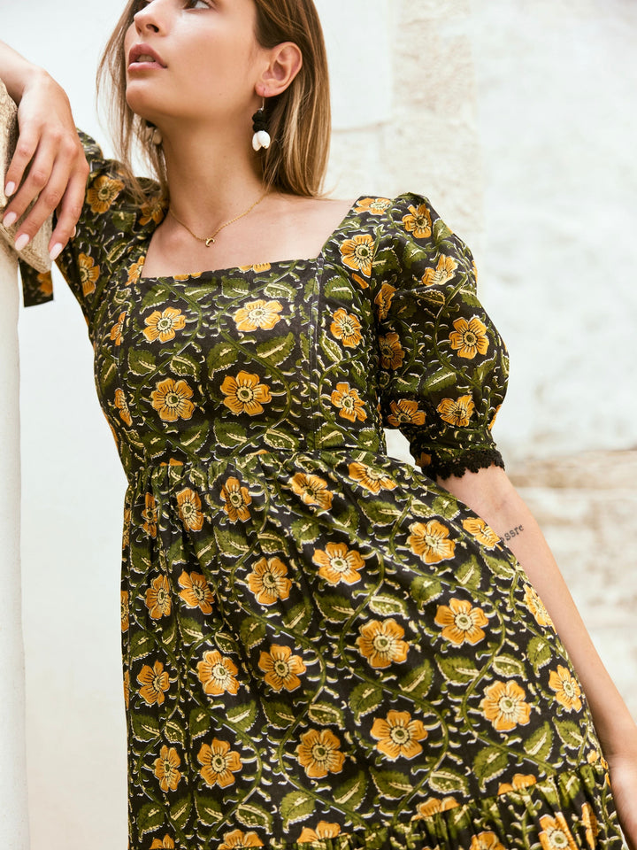 Barbara Square Neck Dress - Faded Black Golden Floral