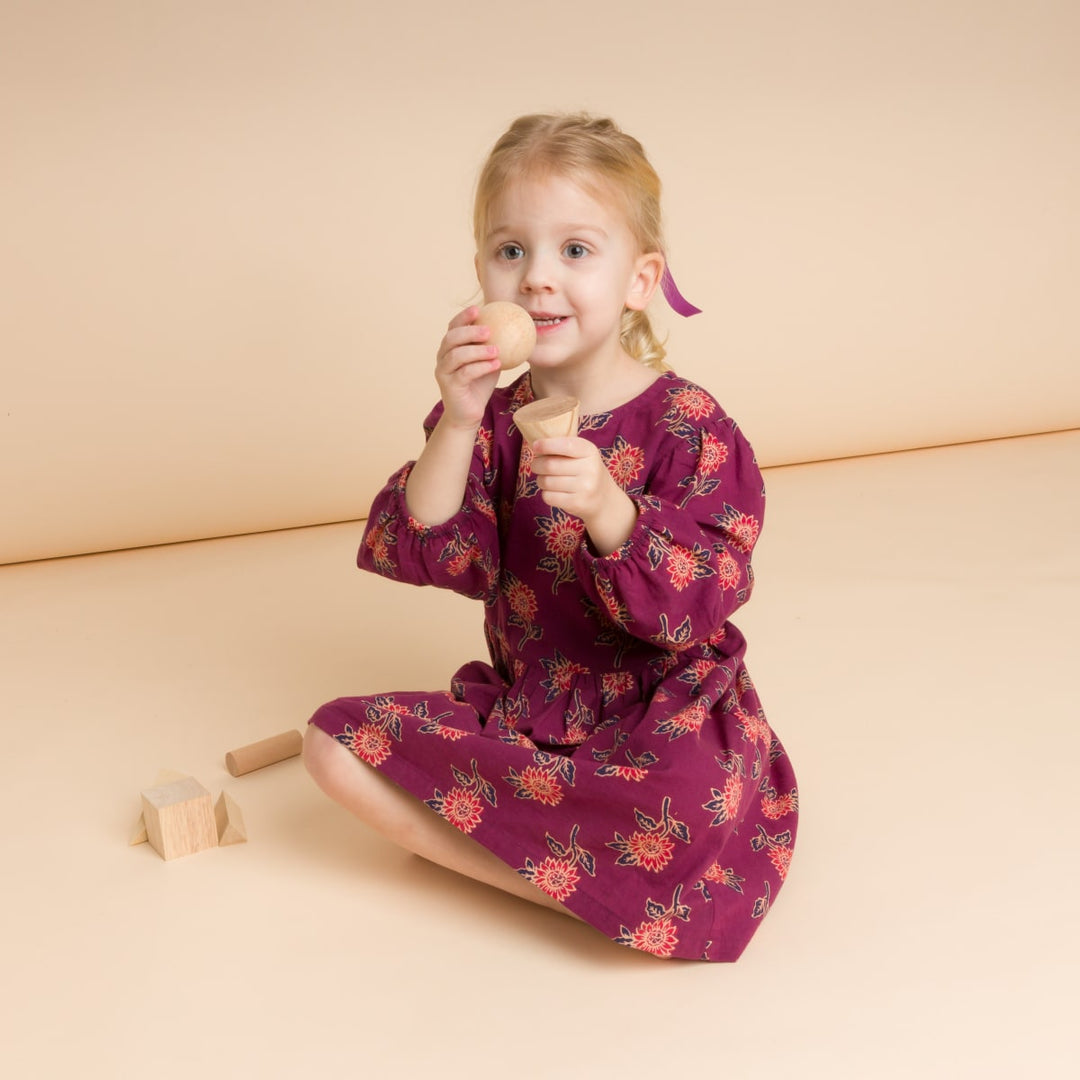 Girls' Long Sleeve Dress With Floral Motif - Purple & Red
