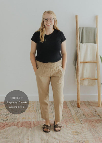 Adult Plus Size Transitional Maternity Smocked Linen Pant - Camel