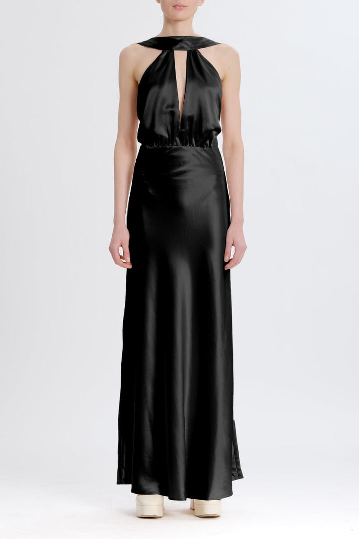 Silky Halter Cutout Gown - Black