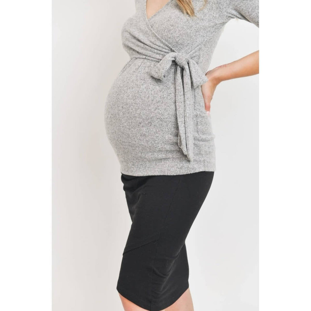 Surplice Wrap Long Sleeve Nursing Knit Top - Heather Grey