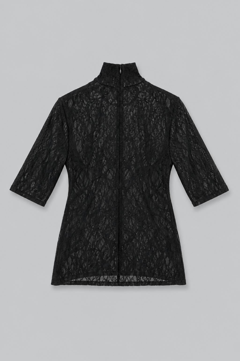 Turtleneck Lace 3/4 Sleeve Top - Black