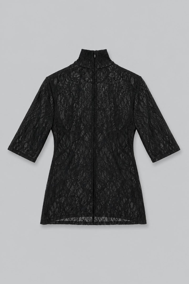 Turtleneck Lace 3/4 Sleeve Top - Black