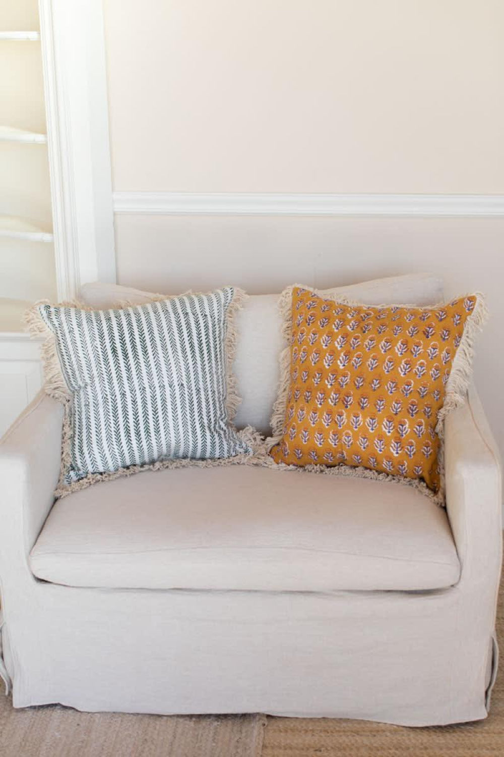 20X20 Linen Pillow Cover with Cotton Fringe - Green Climbing Vines Linen - 20x20 - Pillow Case
