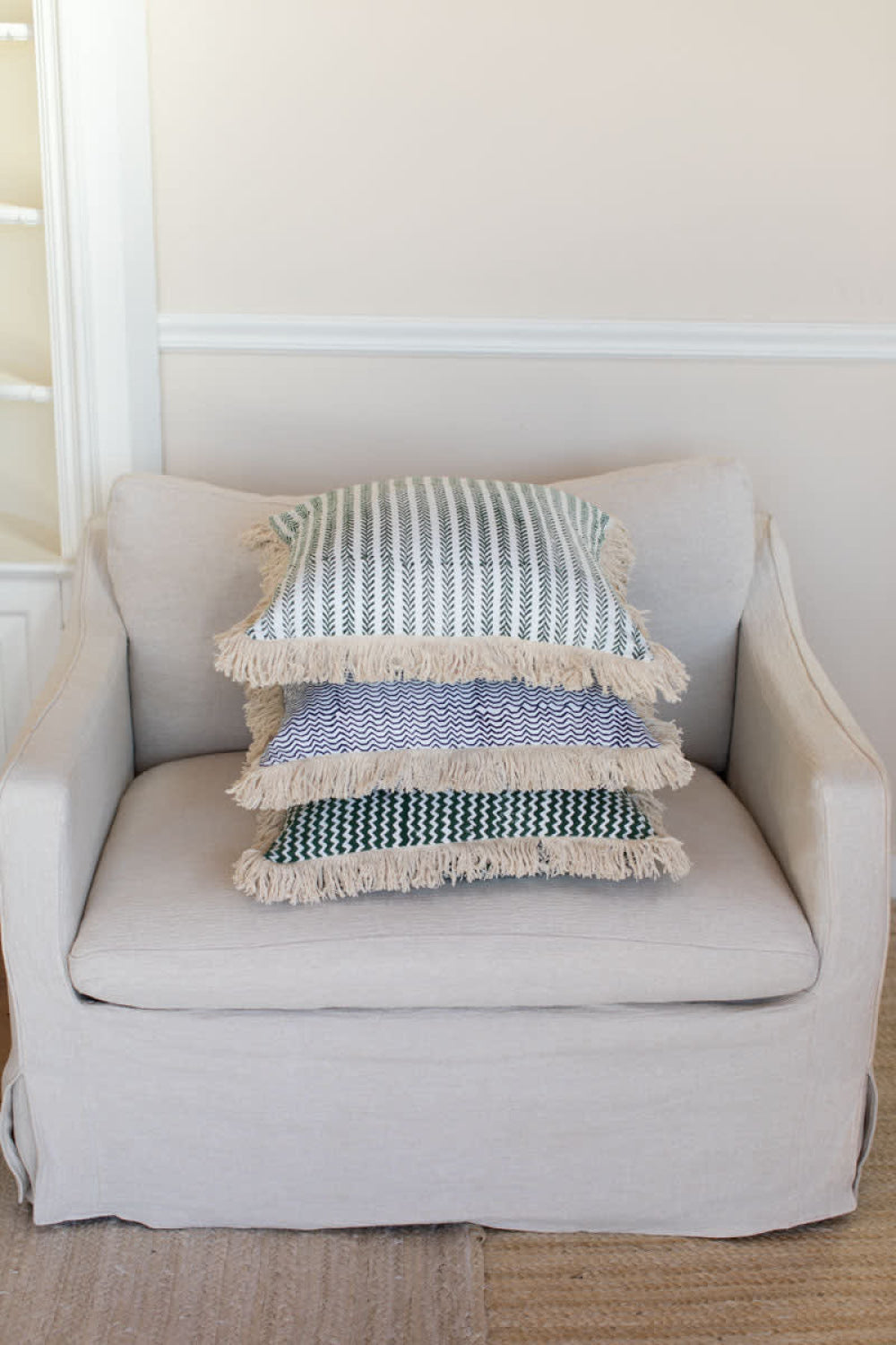20X20 Linen Pillow Cover with Cotton Fringe - Green Climbing Vines Linen - 20x20 - Pillow Case