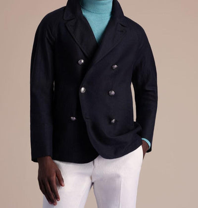 Double Breasted Linen & Cotton Peacoat - Navy