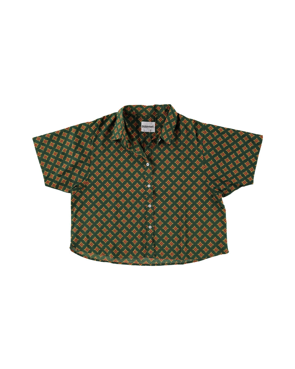'The Michelle' Hand Printed Short Sleeve Shirt - Green And Gold Motif Print