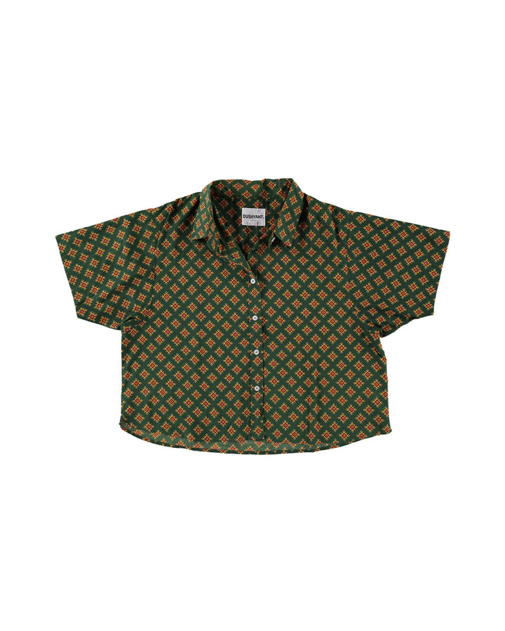 'The Michelle' Hand Printed Short Sleeve Shirt - Green And Gold Motif Print