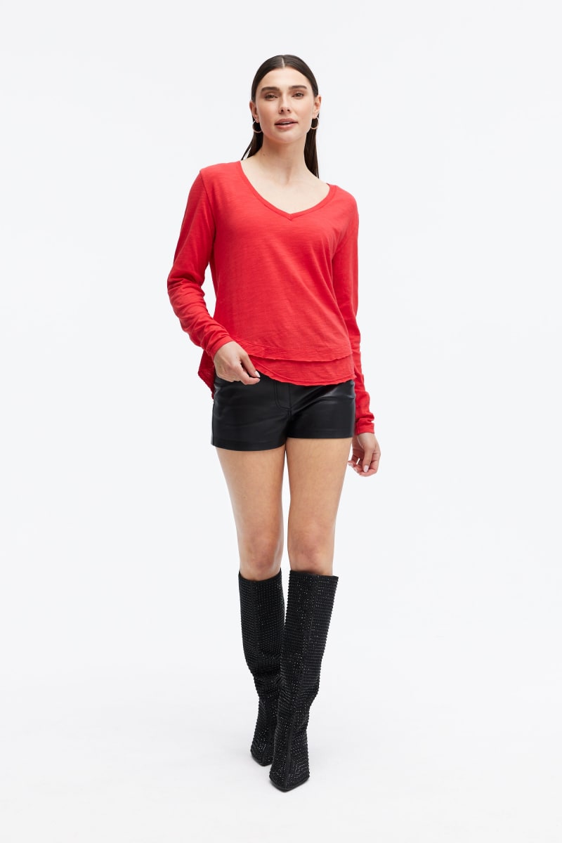 Ava V-Neck Mock Layer Long Sleeve T-Shirt - Cherry