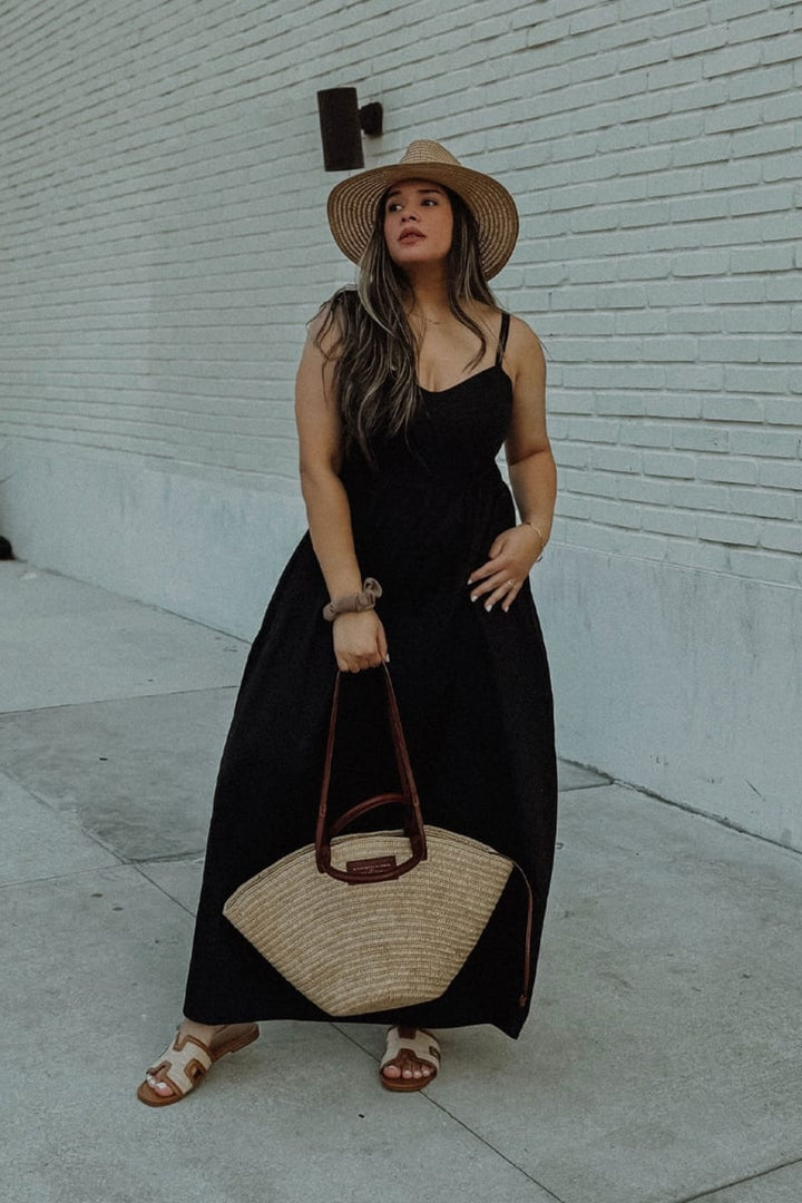 Strappy Gathered Midi Dress - Black