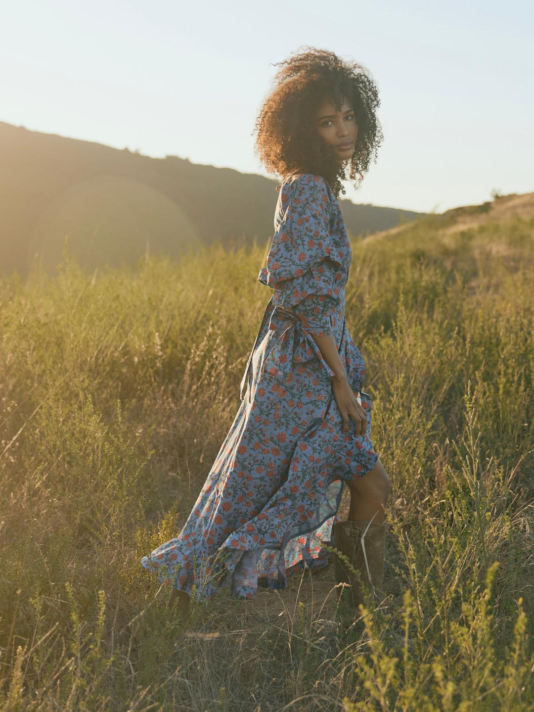 Ellen Ruffled Wrap Dress - French Blue/Punch Bouquet Floral
