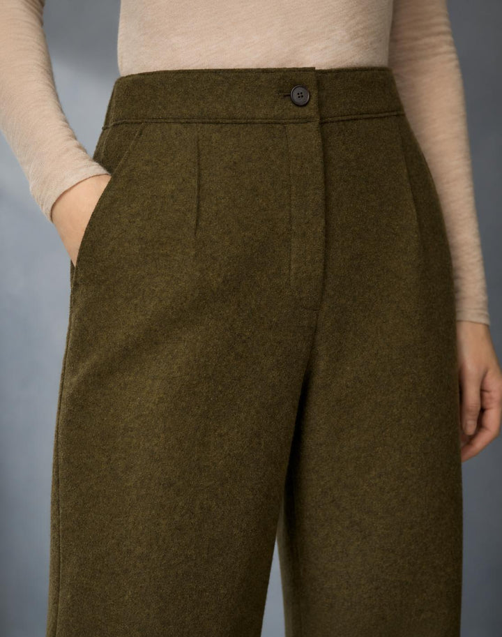 Wool-Cashmere Double Face Jersey Downing Barrel Leg Ankle Pant - Forage Green Melange