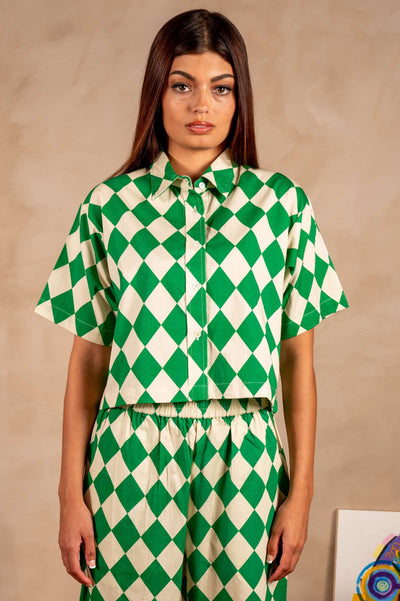 Hand Printed 'The Cami' Crop Shirt - Green And Beige Rhombus