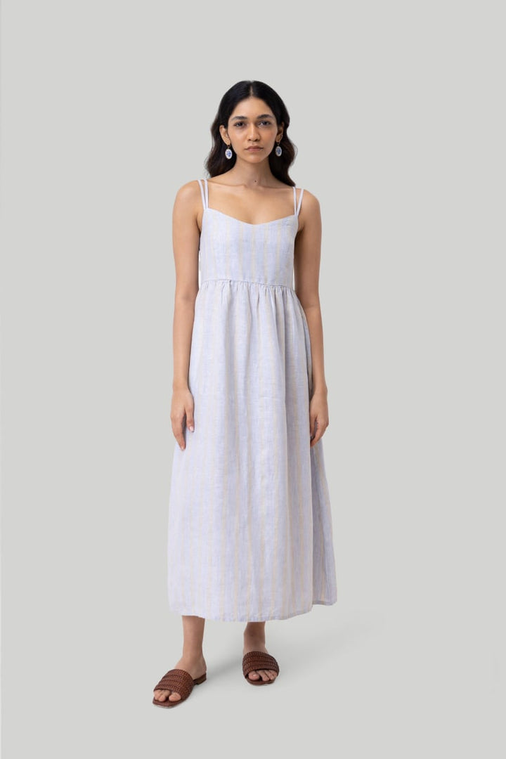 Strappy Gathered Midi Dress - Textured Stripes