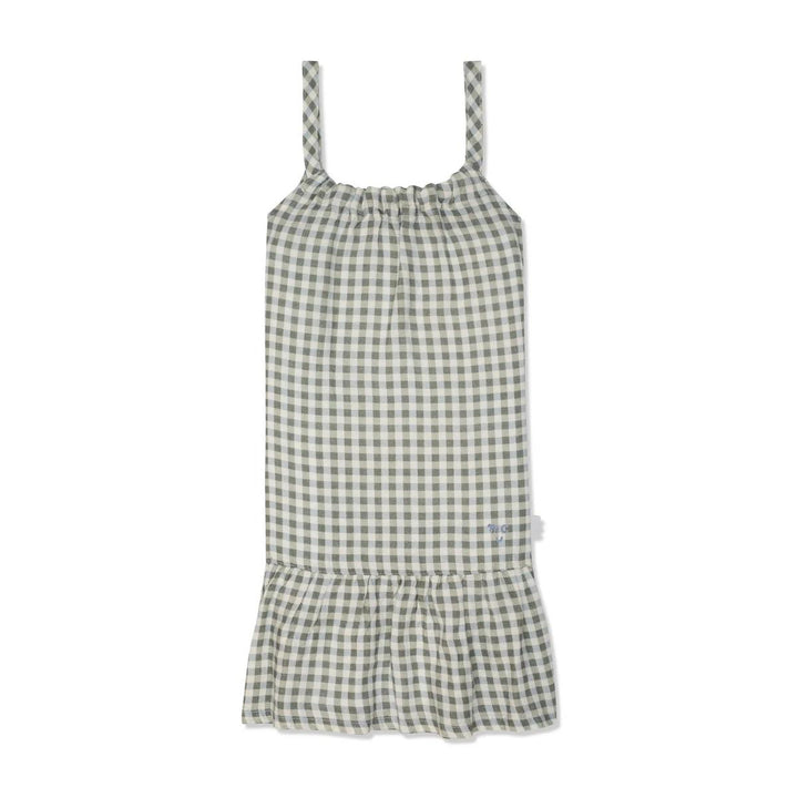 Kids Blue Gingham Linen Kid Dress - Natural/Faded Denim