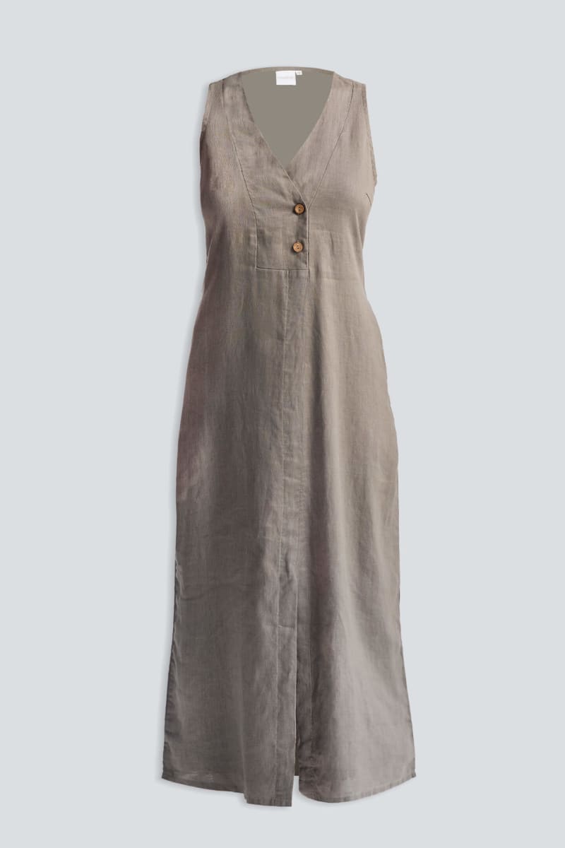 Straight Dress With Front Slit In Hemp - Dark Green