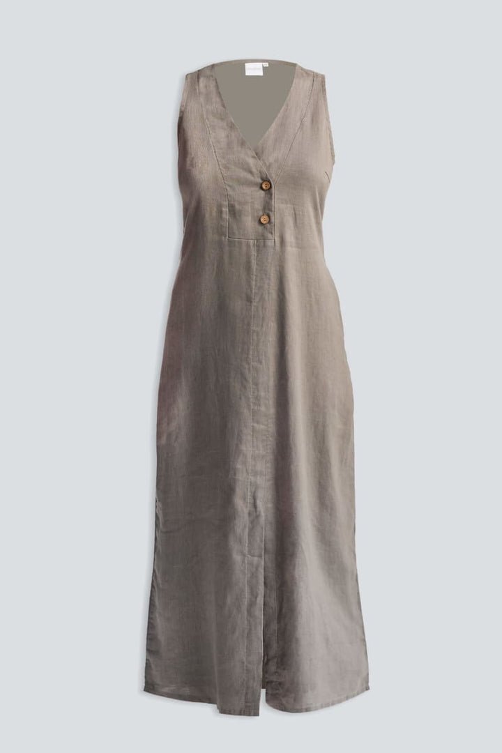 Straight Dress With Front Slit In Hemp - Dark Green