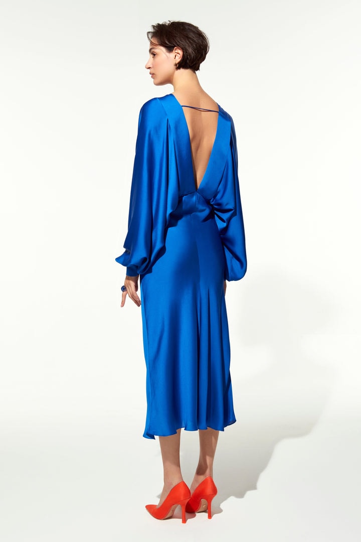 Mila V Neck Satin Dress - Sax
