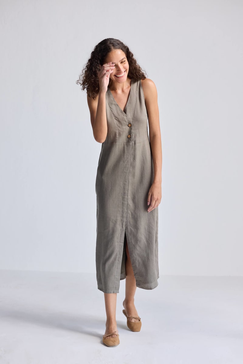 Straight Dress With Front Slit In Hemp - Dark Green