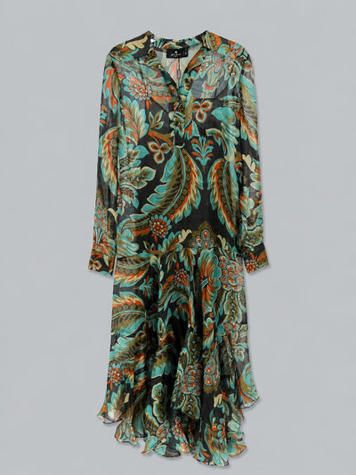 Silk Printed Maxi Shirtdress - Print On Black Base