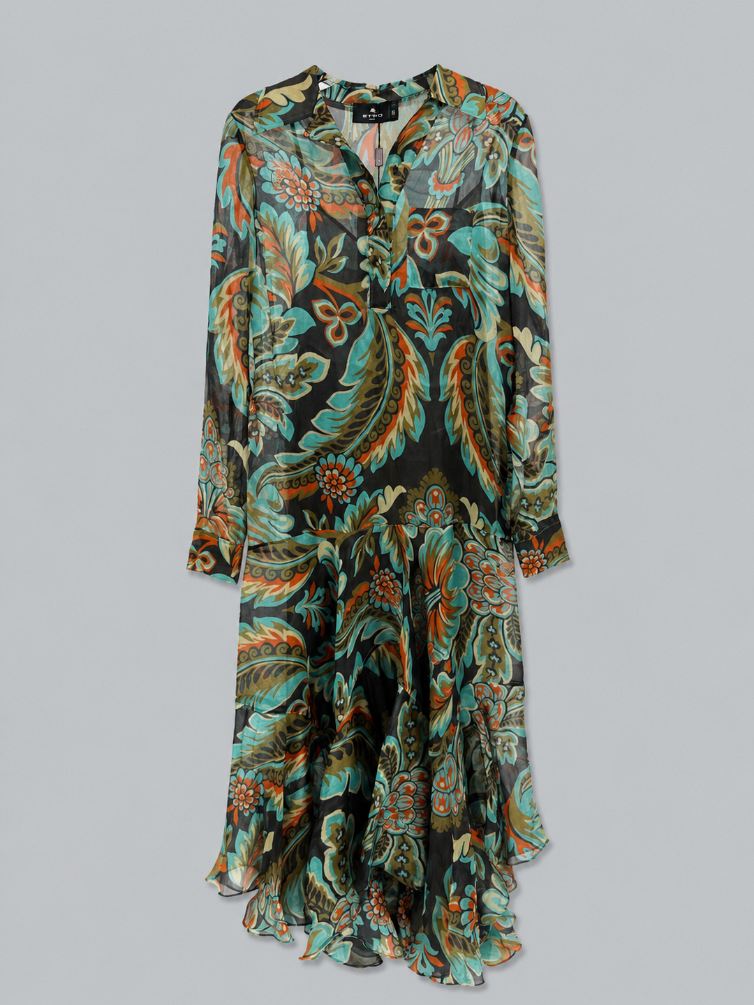 Silk Printed Maxi Shirtdress - Print On Black Base