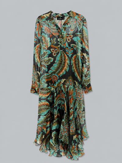 Silk Printed Maxi Shirtdress - Print On Black Base
