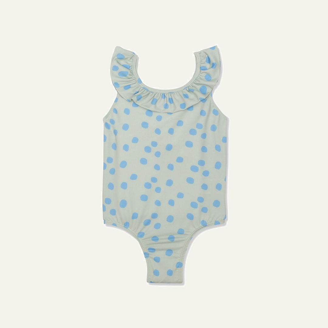 Recycled Polyester Sea Foam Dotted Ruffle Kid Swimsuit - Sea Foam/della Blue
