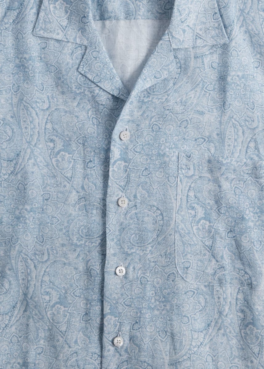 Linen Paisley Print Camp Shirt - Light Blue - Collared Shirt