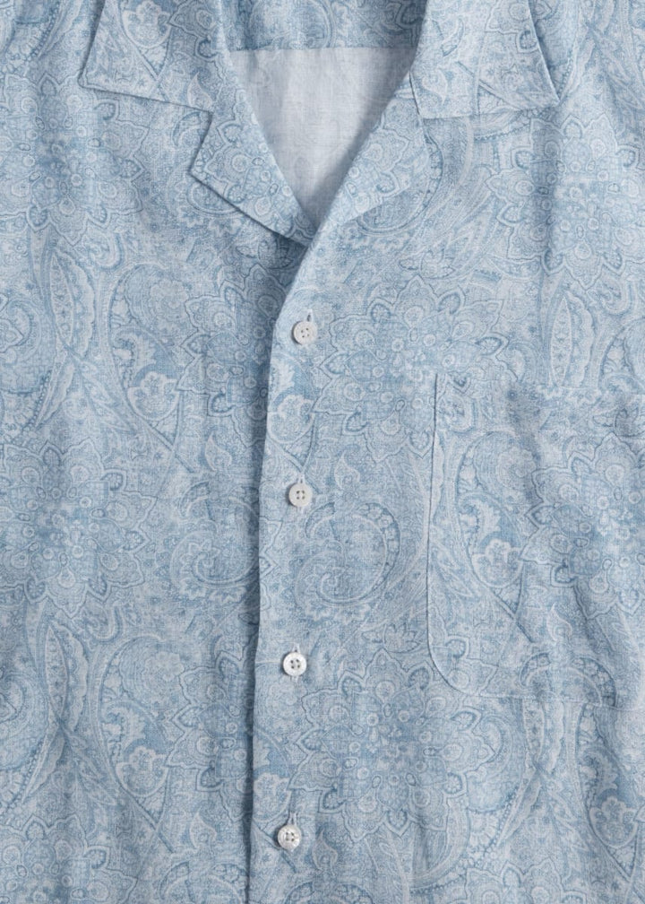 Linen Paisley Print Camp Shirt - Light Blue - Collared Shirt