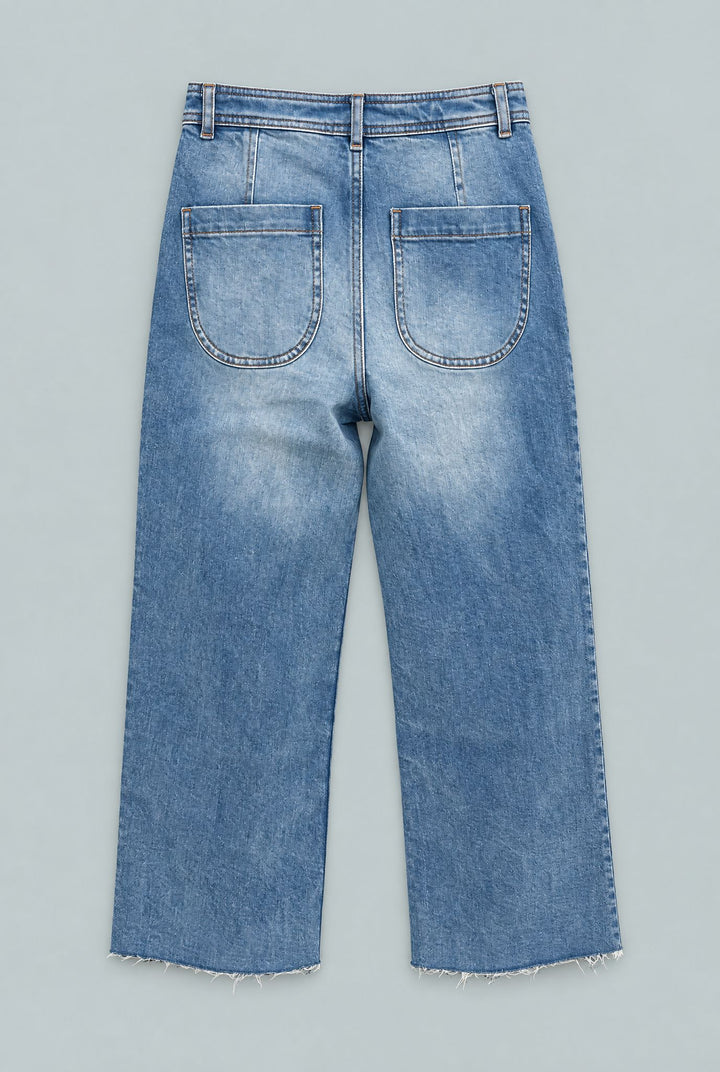 Cropped Raw Edge Wide Leg Denim - Medium Blue