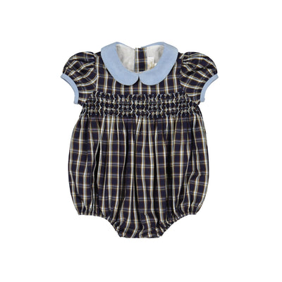Angelica Navy Tartan Short Sleeve Smocked Bubble - Checkered/Plaid/Blue