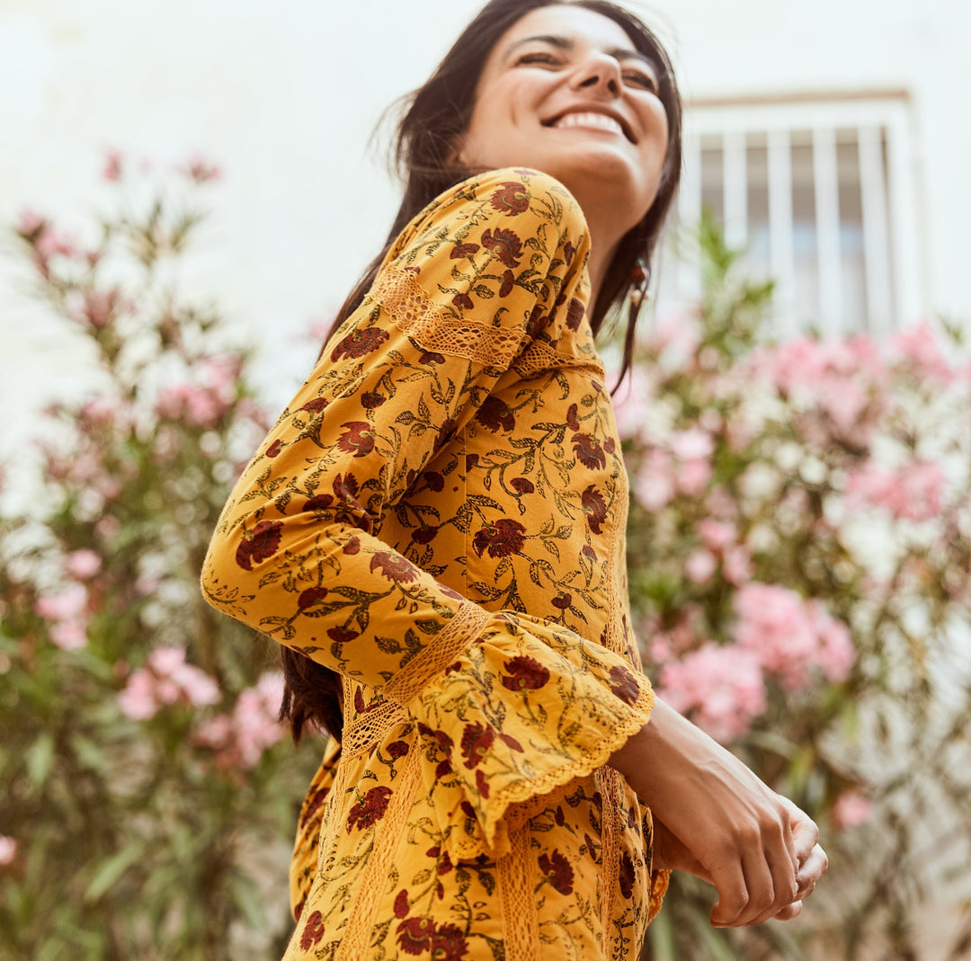 Tina Fluted Pencil Dress - Golden Marguerite & Chili Floral print