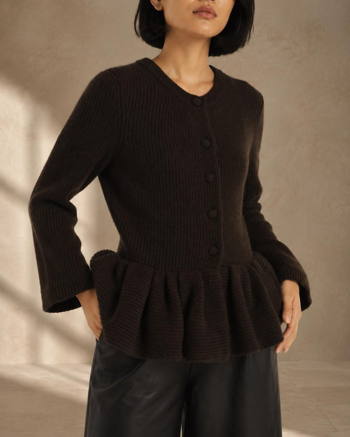 Peplum Cashmere Cardigan - Chocolate