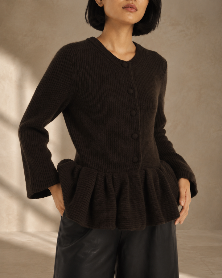 Peplum Cashmere Cardigan - Chocolate