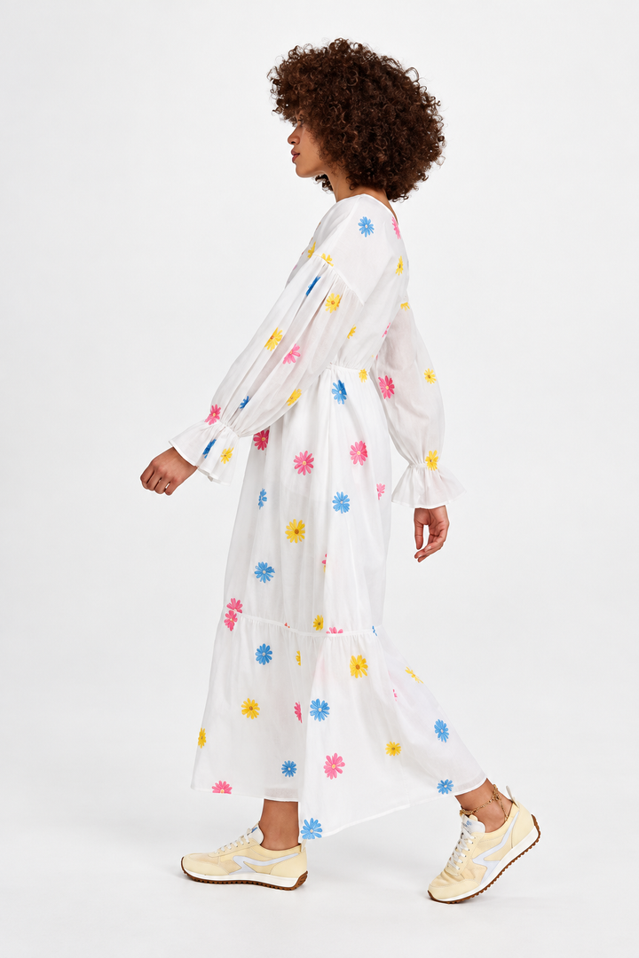 Embroidered Tiered Long Sleeve Maxi Dress - Rainbow/Multi