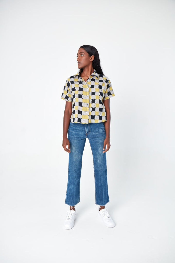 Hand Block Printed 'The Michelle' Shirt - Yellow And Black Chessboard Batik Print