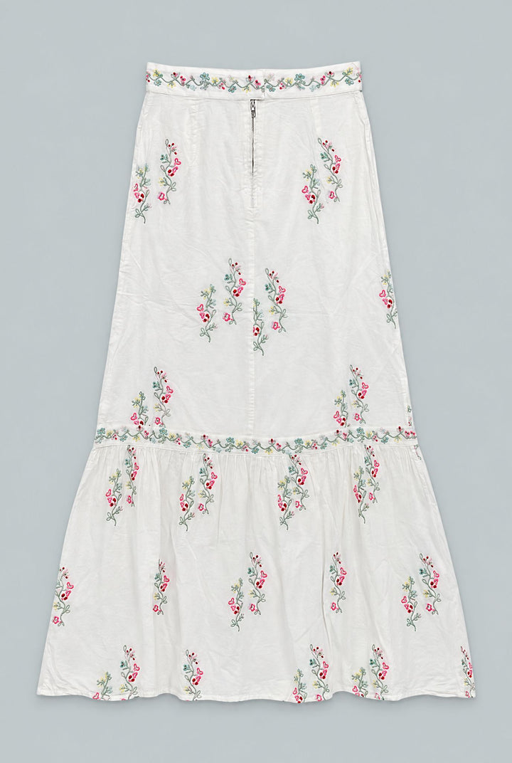 Embroidered Tiered Maxi Skirt - Pastel/Multi
