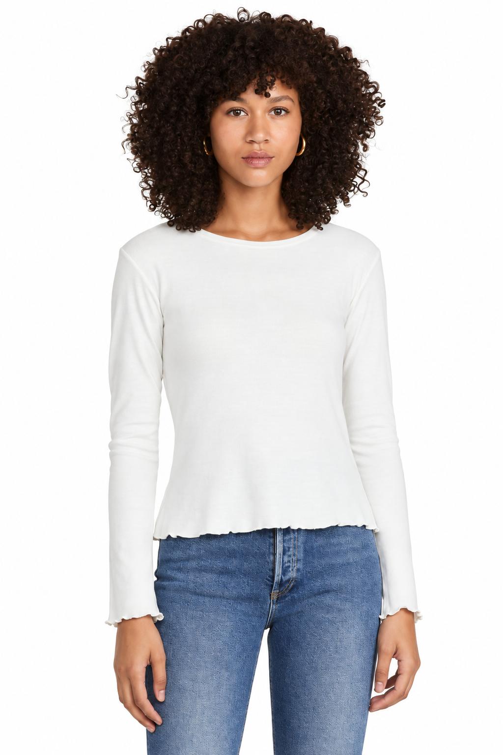 Long Sleeve Lettuce Edge Top - White