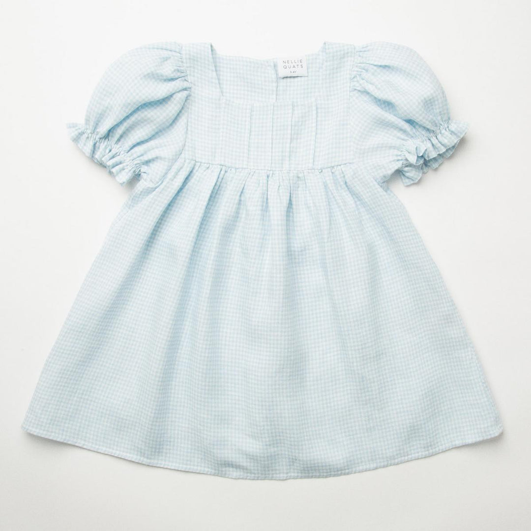 Baby Skipping Dress - Baby Blue And Milk Mini Check Linen