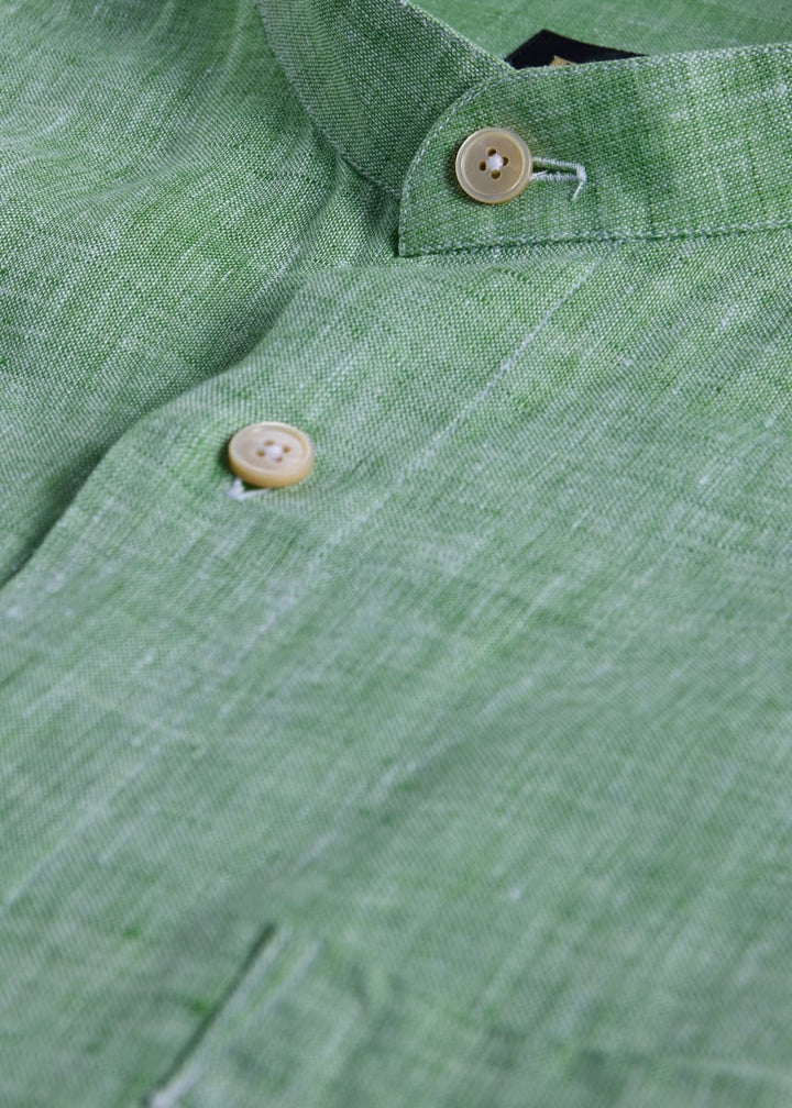 Washed Linen Stand Collar Shirt - Green