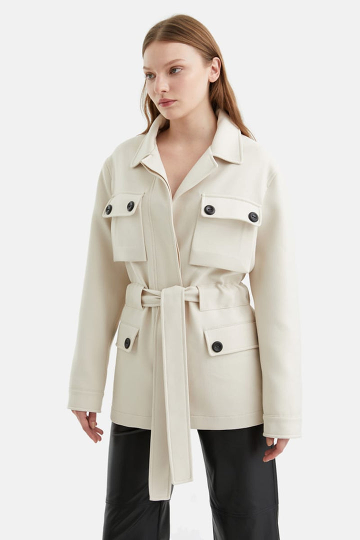 Belted Fluffy Jacket - Ecru