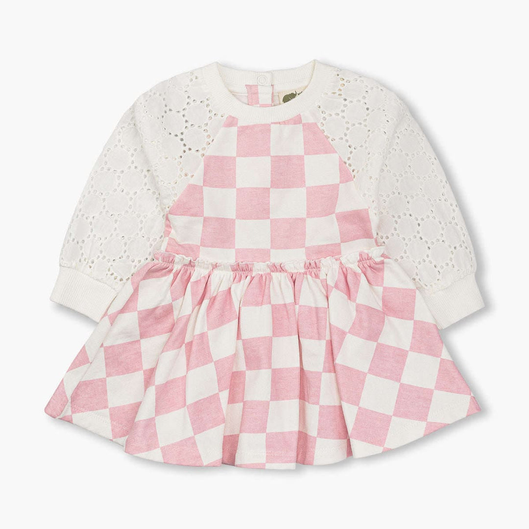 Sweatshirt Eyelet Dress - Pink Check