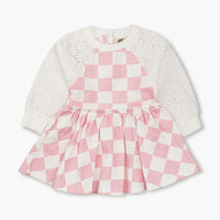 Sweatshirt Eyelet Dress - Pink Check