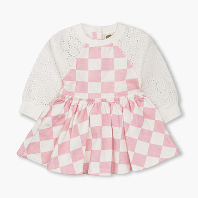 Sweatshirt Eyelet Dress - Pink Check