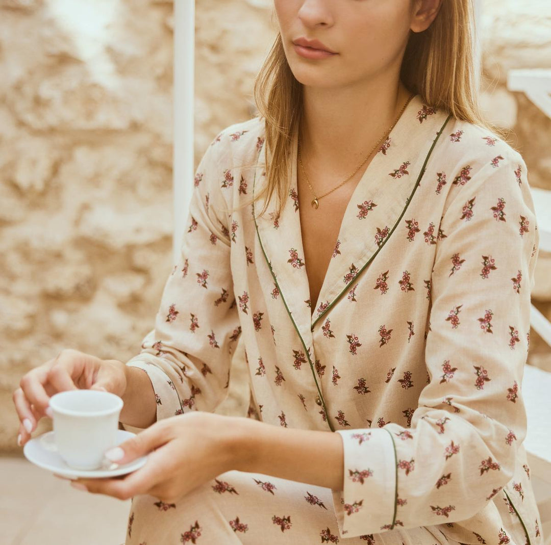 Rosie Pajama Top - Antique white & Crimson floral - FINAL SALE