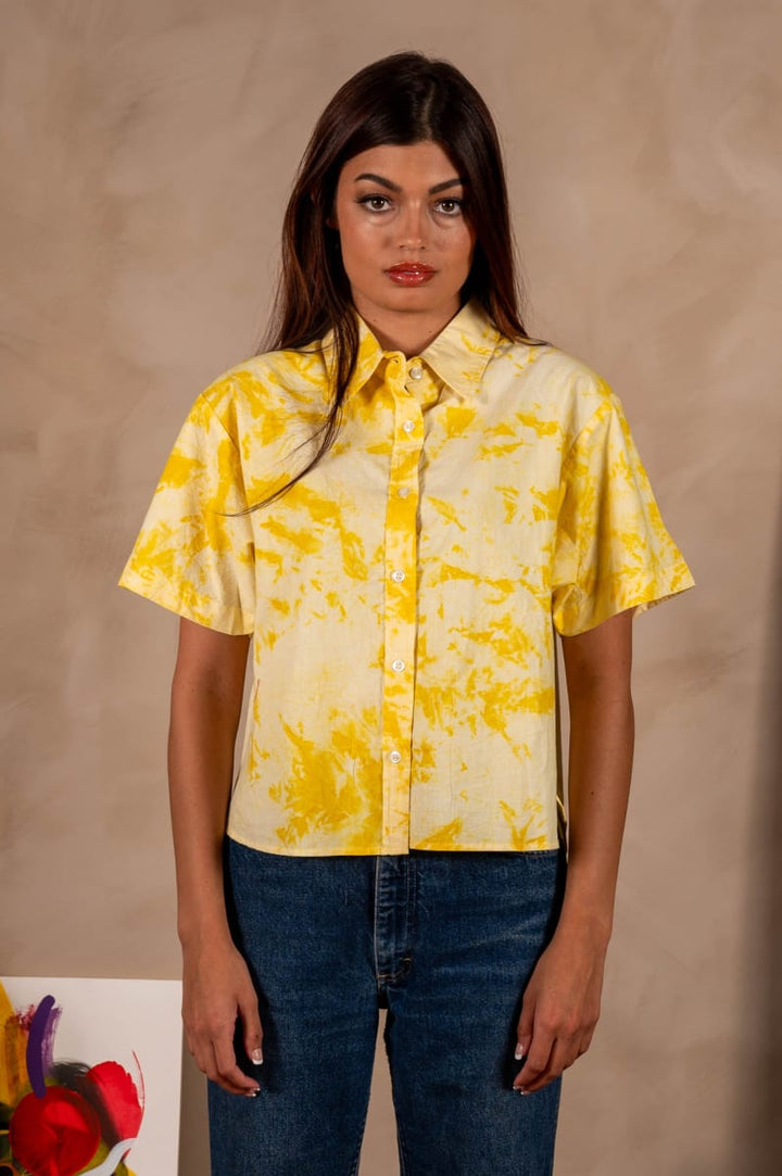 'The Michelle' Hand Dyed Short Sleeve Shirt - Yellow And White 'Citrus Splash' Tie Dye