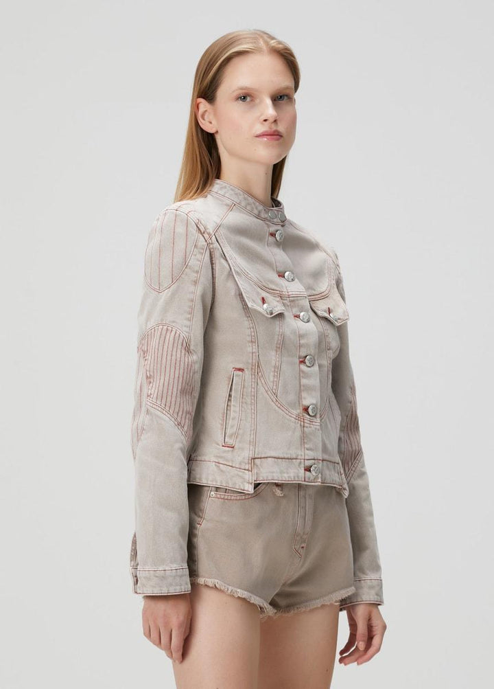 Pure Cotton Faded Motorcycle Denim Jacket - Moon Rock