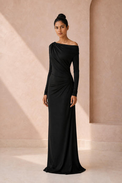 Off-Shoulder Draped Satin Gown - Black