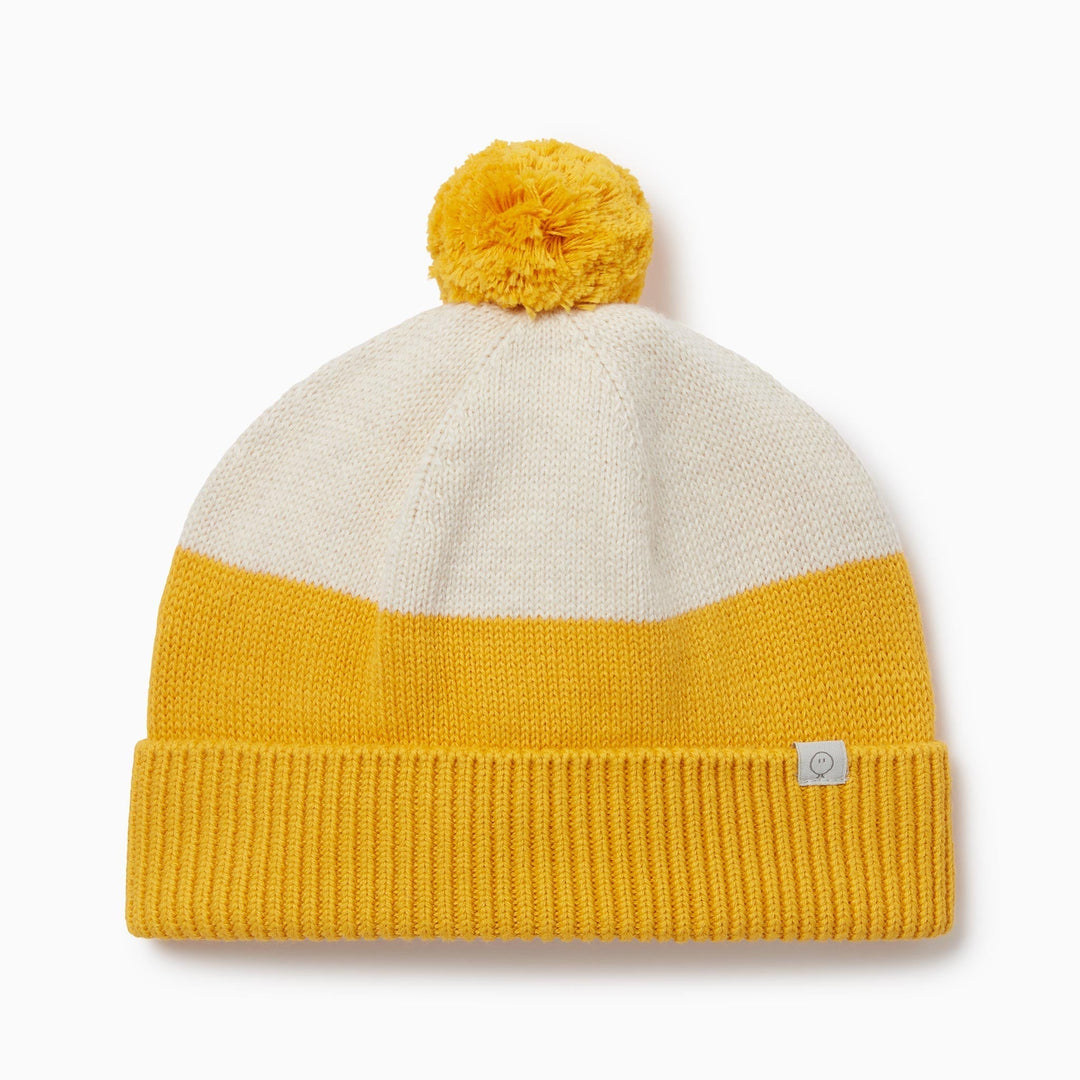 Knitted Colourblock Beanie Hat - Oat & Mustard